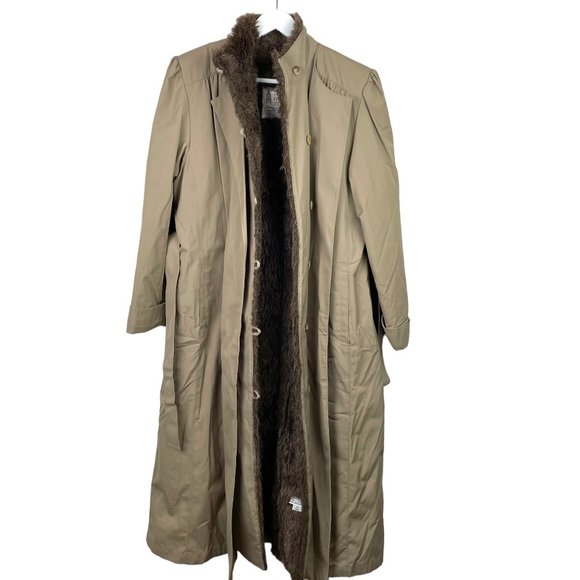 LONDON FOG Womens 12 Regular Fur Lined Belted Long Hook Close Trench Coat Pocket